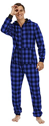Generisch Pigiama lungo da uomo rosso nero a quadri, tuta in cotone onesie con cappuccio intero con cerniera comoda tuta invernale caldo pigiama uomo loungewear, Blu, XXL