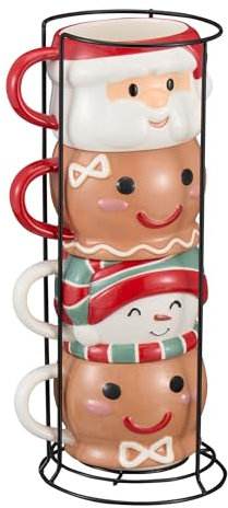 Way To Happiness Juego de tazas apilables de cerámica de Navidad de 12 onzas con estante de metal