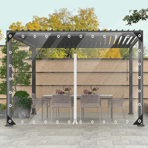 Ezcasch Plane Transparent mit Reißverschluss Nach Maß, 2.3x3.3m(Höhe x Breite) Durchsichtige Plane mit Ösen, 420g/m² Abdeckplane Wasserdicht Klare Abdeckfolie Windschutz für Außenbereich