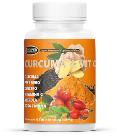 Hyper Curcuma & Vit C - Curcuma + Zenzero + Pepe Nero + Vitamina C - Alto dosaggio Piperina e Curcumina - Antinfiammatorio e Antiossidante Naturale - Integratore Turmeric 100% Vegano - 130 compresse