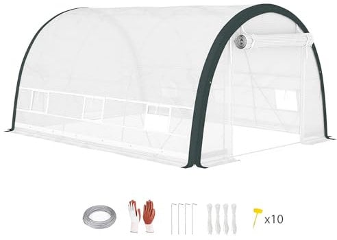 Outsunny 4 x 3(m) Walk-in Polytunnel Greenhouse with Upgraded Structure, Zipped Roll Up Mesh Door, 6 Mesh Windows, Tunnel Warm House Tent with PE Cover, 10 Plant Labels and Gloves, White