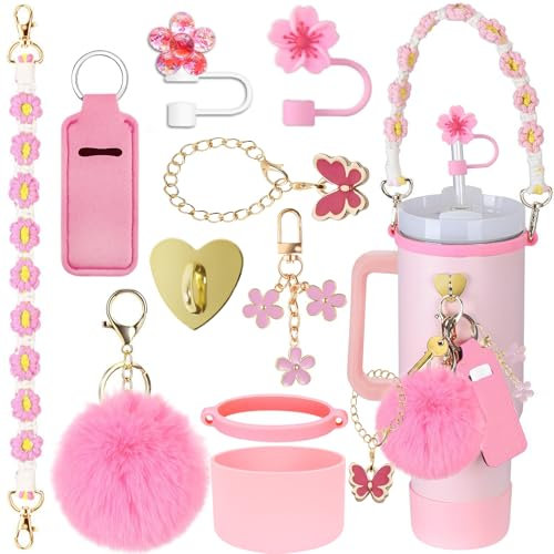 Stanley Cup Accessories Set,10PCS Stanley Cup Decor Includes Stanley Straw Cover,Water Bottle Handle Strap, Pink Stanley Charms for Stanley Cup 30/40oz Tumbler