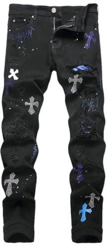 Herren-Jeans mit Zerrissenstickerei, Kreuz-Grafik, schmale Denim-Hose, Harajuku, Hip-Hop, Y2K Jeans, Schwarz , 32