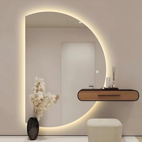 Zhoudong Specchio LED a mezzaluna, moderno specchio cosmetico per bagno, specchio da parete anti-appannamento con interruttore touch, specchio semicircolare illuminato da 130 cm (taglio sinistro, 120