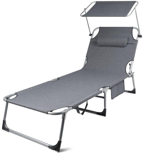FIVMEN Sonnenliege mit Dach Strandliege Gartenliege Klappbar mit Kopfkissen & Seitentasche & Verstellbare Rückenlehne Sonnenschutz Liegestuhl Gartenstuhl Relaxliege für Strand Garten, Anthrazit