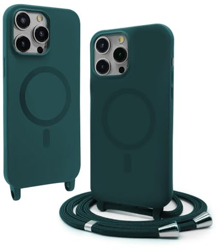 VAVAVOOMY Handykette Hülle für iPhone 13 Pro(6.1) mit Band Halsband Lanyard (abnehmbar) Handyhülle, Verstellbarer Lanyard.Magnetisch Stoßfest Silikonhülle Wireless Charging kompatibel .-Grün