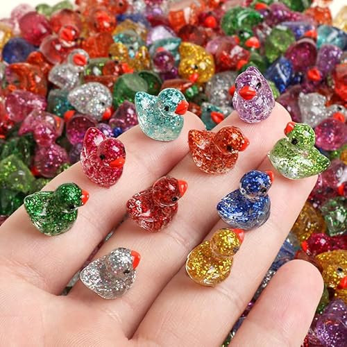 100 PCS Mini Resin Animals Cute Colorful Glitter Tiny Ducks, Miniature Figures to Hide, Little Animal Toys Accessories Bulk for for Aquarium Dollhouse Fairy Garden Landscape Decor