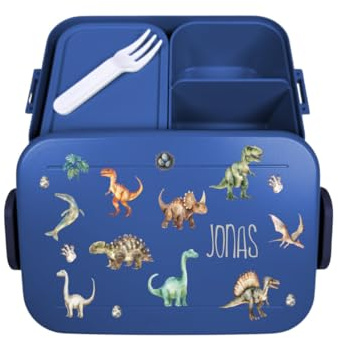 Mepal Bento Lunchbox Take a Break personalisiert Dino, Brotdose mit Fächern Einsatz, Lunch Box mit Name, Bento Box Set bunter Aufdruck Dinosaurier Midi Dunkelblau