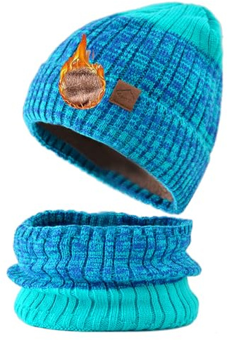 TUANMOZI Strickmütze mit Scarf Damen Wintermütze mit Farbverlauf Strickschal Set Warm Wintermütze und Schal mit Dicke Fleecefutter Herbst Winter Beanie Schal Set für Ski Outdoor