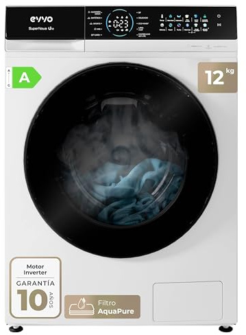 EVVO Lavadora carga frontal 12 kg Supernova, Efeciencia energética A, con vapor, Motor Inverter silencioso, Programa Rápido, Panel Táctil (Blanco)
