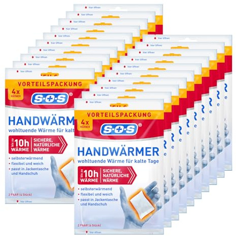 SOS Handwärmer 20 Paar (40 Stück) – Einweg-Wärmepads für bis zu 10 Stunden Wärme – Flexibel und weich – Ideal für Spaziergänge, Sport und kalte Tage – Passt in Jackentasche & Handschuh