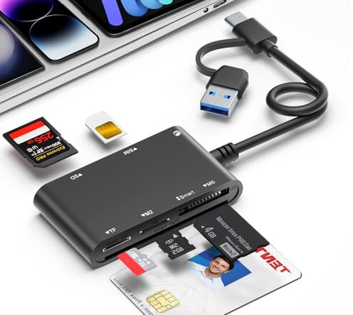Adaptateur de carte SIM USB C/USB pour iPhone – Lecteur de carte à puce militaire CAC 7 en 2 & SD/TF/M2/ID/IC/SIM/PIV/Ms Pro Duo Lecteur de cartes pour iPhone 17/16/15/iPad/PC/ordinateur portable