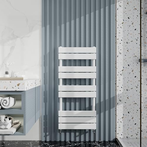 Heated Towel Rail Radiator: Wall Mounted Bathroom Heater with Central Heating, Modern Flat Ladder Panel 1000×450mm White