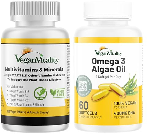 Pack Vegan Vitality Multivitamines + Oméga 3 Végétal – Multivitamines 6 Mois (180 Comprimés) et Oméga 3 DHA d’Algues 2 Mois (60 Capsules) – Compléments pour Vegans et Végétariens