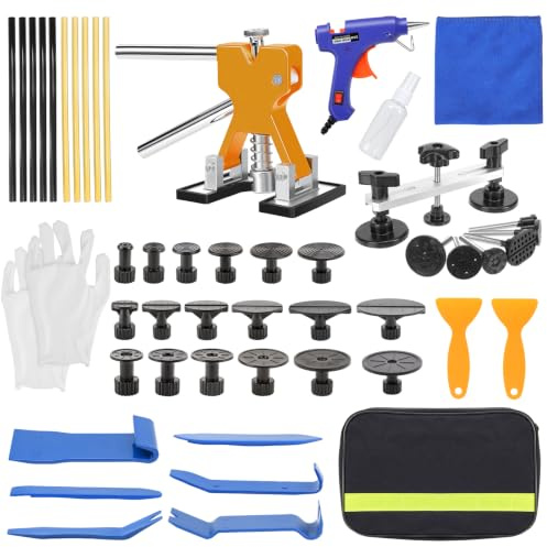Snorthy-Ausbeulwerkzeug-Set, 54-teiliges Set zur Ausbeulung von Karosseriebeulen, kleinen Dellen und Türbeulen, Ausbeulwerkzeug-Set mit Heißklebepistole und Brückenausbeuler, goldfarbener Ausbeulheber