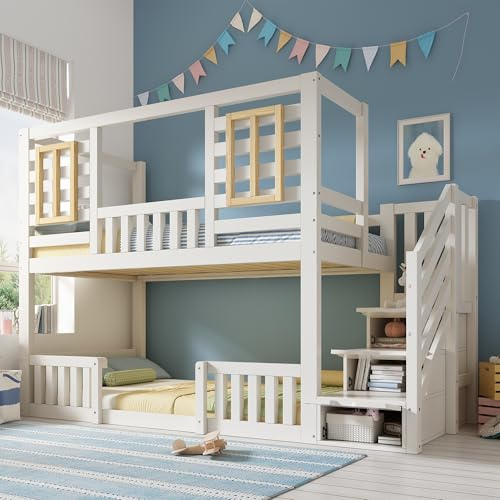 Xwiny Etagenbett 90x200 cm mit Treppe Stauraum und Fenster, Kinderbett mit Geländer, Hochbett mit Weiß im Hüttenstil, Stauraumbett, Holzbett, Weiß-D(Ohne Matratze)