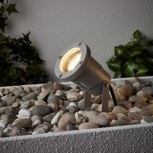 Lightbox LED Gartenspieß mit warmweißem Licht - Spritzwassergeschützter Gartenstrahler mit schwenkbarem Kopf - Leuchtmittel inklusive und wechselbar - Metall/Glas Grau - 16cm Hoch