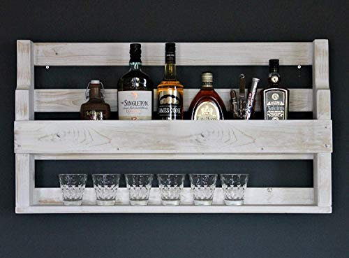 Dekorie Whisky Regal aus Holz - mit Gläserhalter - Weiß - Industrie Stil - fertig montiert - Wandbar - Whisky-Regal aus Holz fürs Esszimmer 90 x 35 x 15 cm