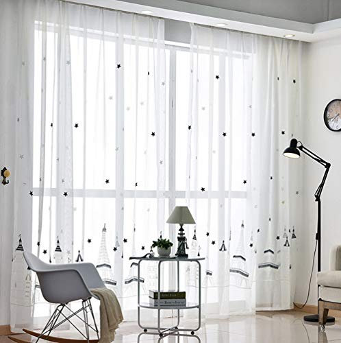 Lactraum Vorhänge Kinderzimmer Junge transparent Weiss mit Ösen Bestickt Sterne Schloss Voile 100 x 245cm