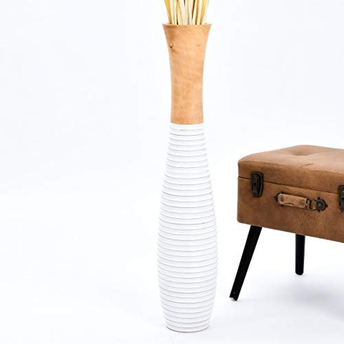 Leewadee Große Deko Bodenvase Für Dekozweige, Hohe Standvase Für Pampasgras, Design Holzvase, 90 cm, Natur Weiß