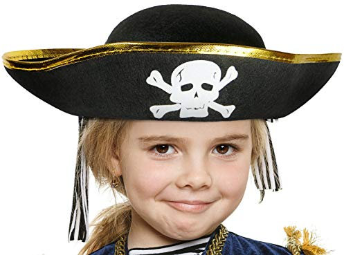 Balinco Piratenhut schwarz mit goldenem Rand und Totenkopf für Kinder - Kostüm Accessoire für Mädchen & Jungen zum Fasching/Karneval