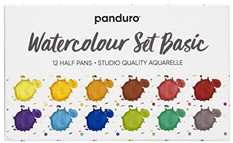 Panduro Aquarellfarbe Basic, 12er Set Wasserfarben Palette zum Malen mit Vertiefungen zum Mischen, für Kinder, Erwachsene, Anfänger, Studenten