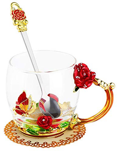 WD&CD Rose Butterfly Glass Tea Coffee Cups Mugs with Spoon and Coaster, Gifts for Her Girlfriend Wife Mum Women on Christmas Valentine's Day Mother's Day Anniversary, Red Short