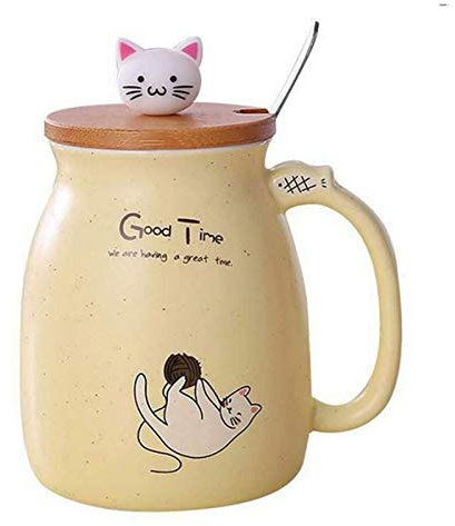 Sharemee - Tasse en céramique de chat mignon avec cuillère et couvercle en bois de chat en trois dimensions, tasse à café, tasse à thé, tasse à lait pour le cadeau, jaune 450ml/15oz