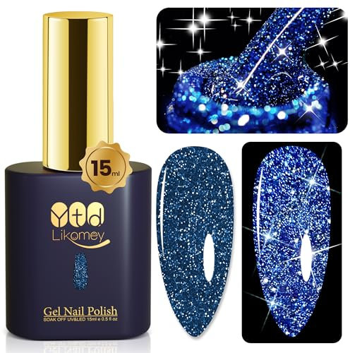YTD Likomey UV Nagellack Glitzer,15ml Saphirblau Gel Glitzer,Sparkle Funkelnd Shellac Farbgel Blautöne Gellack,Reflective Holographisch Diamant Maniküre Gel Polish,SZ009