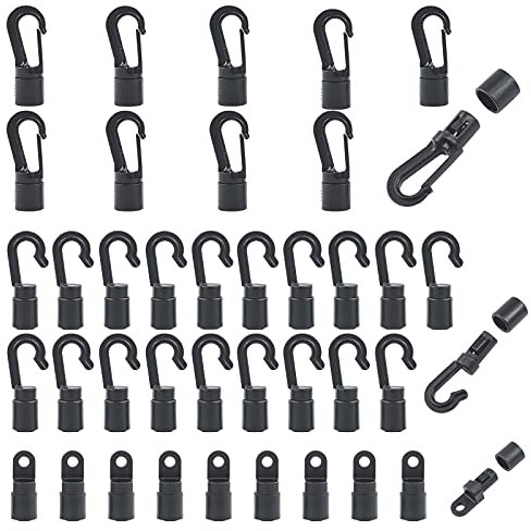 Mardatt 40 Pcs Bungee Shock Cord Hook Set 3 Type Black Plastic Bungee Cord Hooks, S Open Cord Hooks, Bendy and Straight Hook Bungee Terminal Ends for 1/4 inch (6MM) Bungee Kayaks