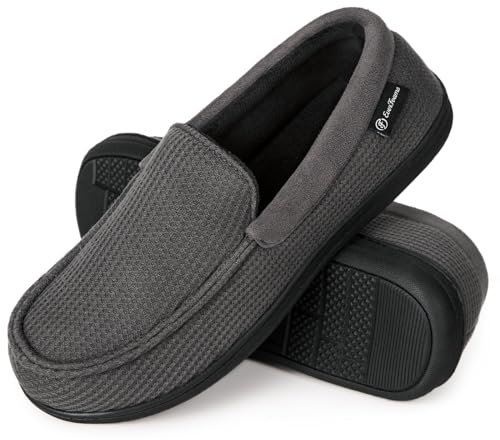 EverFoams Herren Mokassin Pantoffeln Atmungsaktive Komfort Memory Foam Frottee Hausschuhe mit Anti-Rutsch-Gummisohle,Dunkelgrau,44 EU