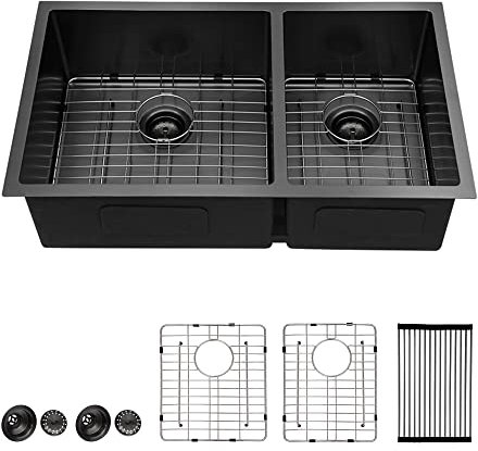Lordear 33 Double Bowl Undermount Kitchen Sink Black 16 Gauge Stainless Steel Undermount Sinks Matte Gunmetal Black 60/40 Round Corner Sink 33x19x10 Inch
