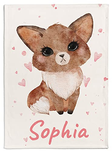 Personalisierte Babydecke mit Wunschtier, Name, Geburtsdatum und Motivfarbe (Fox small Hearts)