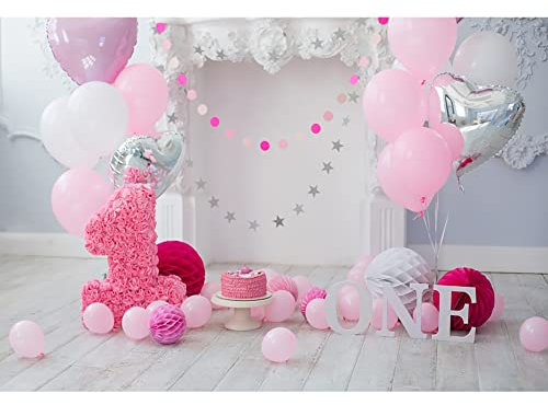 Aoihrraan 3x2,5m Kinder 1. Geburtstag Hintergrund Rosa Ballon-Blumen-Kuchen-Holzfußboden-Fotografie-Hintergrund Cake Smash Kinder Mädchen Kleine Prinzessin Geburtstagsfeier Zimmer Dekor Foto Prop