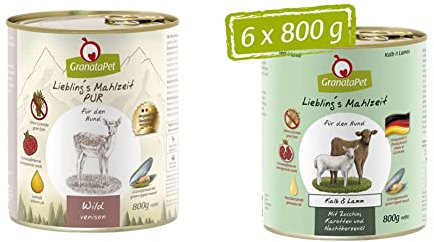 GranataPet Liebling's Mahlzeit Wild PUR, Nassfutter für Hunde, Hundefutter ohne Getreide & Zuckerzusätze, 6 x 800 g & Liebling's Mahlzeit Kalb & Lamm, Nassfutter für Hunde, 6 x 800 g