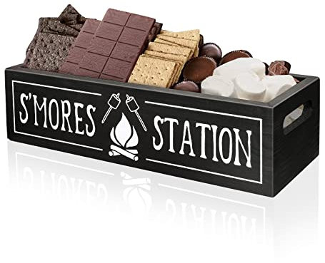 S'mores Station Box – Holz-Barhalter, Caddy mit Griffen, Bauernhaus-Lebensmittelbehälter, Zubehör, Aufbewahrungs-Organizer für Küche, Dekoration, Outdoor, Camping, Grillen, Geburtstagsparty, Geschenk