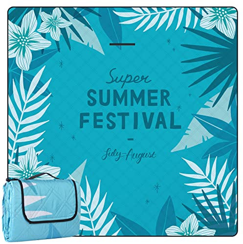 DEWUR Picknickdecke wasserdicht waschbar, Stranddecke Sandfrei XXL Campingdecke Strandmatte isoliert mit wasserdichter Unterseite Blauer Sommer (200x200cm)