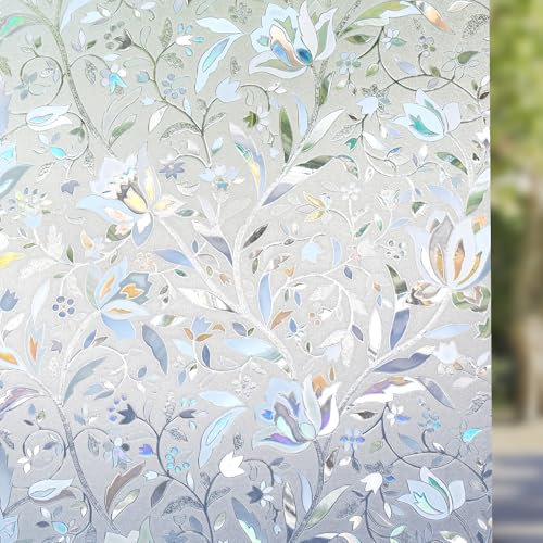 DOWELL Decorative Window Film Privacy Film for Glass Windows, 3D Rainbow Glass Film Static Cling, Opaque Frosted Stickers No Glue Anti UV, for Home, Kitchen, Tulip 60×400cm