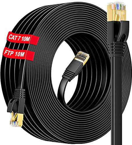Cable Ethernet 10 metros, Cat 7 10m Cable de Red De Alta Velocidad, Plano Largo Cable Ethernet Internet Blindado S/FTP Resistente Al Agua (10 Clips)– RJ45 10 metros Cable Lan Para Switch/Router/Modem