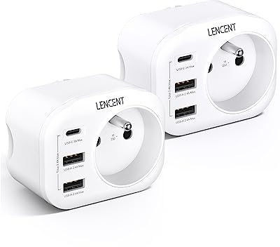 LENCENT Prise USB Secteur, Chargeur Multiprise 4 en 1 Prise avec 1 Sortie AC, 1 Type C et 2 Ports USB-A, avec un Mini Corps pour Bureau Cuisine Chambre 4000W Lot de 2