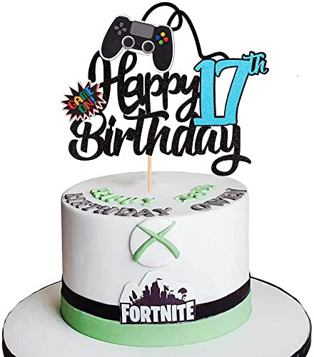 SYKYCTCY 1 Pack Video Game 17th Birthday Cake Topper Glitter Cake Pick Game On Controllers Seventeenth Cheers to 17 Years Cake Decoration for Happy 17th Birthday Party Supplies Black