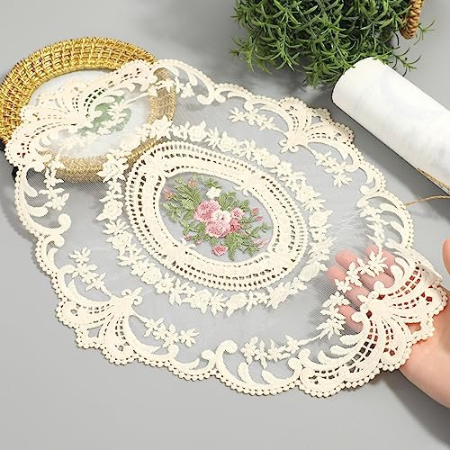 2 Pack Retro Lace French Crochet Doilies Table Mats Handmade Embroidered Farmhouse Placemats 12x16 inch Place Mats Cup Mat (Beige)