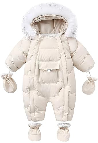 L SERVER Combinaisons de Neige Bébé Garçon Chauds Coupe-vent Jumpsuit Fille Epais Combinaison Pilote Polaires Vêtements de Ski avec Gants + Couvre Pieds, Beige, 18-24 mois