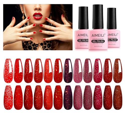 AIMEILI 12 Colors Christmas Red Glitter Gel Nail Polish Shiny Chunky Glitter Gel Polish Soak Off U V Nail Gel Sparkly Gel Nail Art Manicure Varnish Set 8ml - Gift Kit 28
