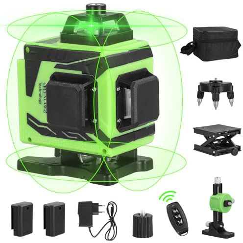 Nivel LaseR 4D X 360°,Nivel Laser Autonivelante 16 Líneas,Laser Verde,App/Remoto Control, 2*Baterías 6000Mah Recargables,Láser Multifunción Con Base