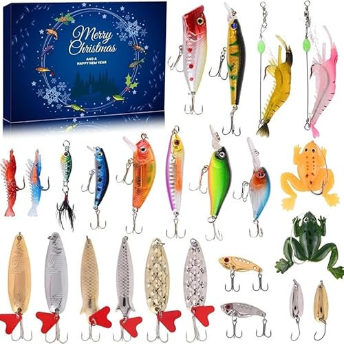 Adventskalender Angeln 2023 Weihnachten Angel Adventskalender, 24 Tage Angelgerät Weihnachtskalender Angeln Köder Set, Fischerkalender 2023 Weihnachtskalender Für 24 Tage Countdown Angelliebhaber (A)