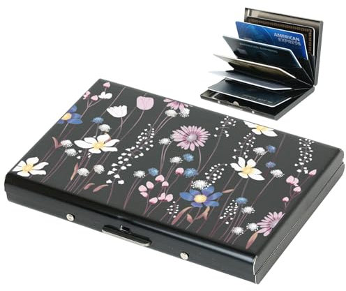 BONSYL® Porta Carte di Credito, Sottile Portafoglio Carte di Credito in Metallo con Blocco RFID con 6 Fessure, per Uomo e Donna.(6 Carte/Nero/Fiore)