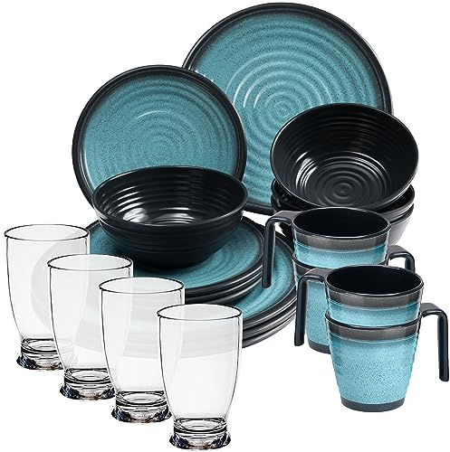 Melamin Geschirrset 4 Personen blau schwarz 20 Teile Tassen klaren 380ml