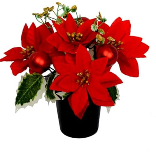 Christmas Artificial Grave Flowers - Red Poinsettia, Baubles & Variagated Holly - Grave Pot, Cemetery Vase, Crem Insert, Memorial Pot, Flower Memorial Arrangement, Vases