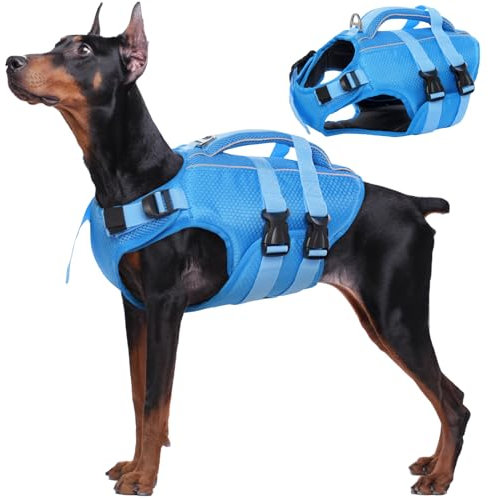 Kuoser Hunde Schwimmweste für kleine mittel große Hunde, Verstellbar & Ripstop Hunde Rettungsweste mit Rettungsgrif, Hoher Schwimmfähigkeit Haustier Lebensretter Welpen Badeanzüge für Strand Blue XXL
